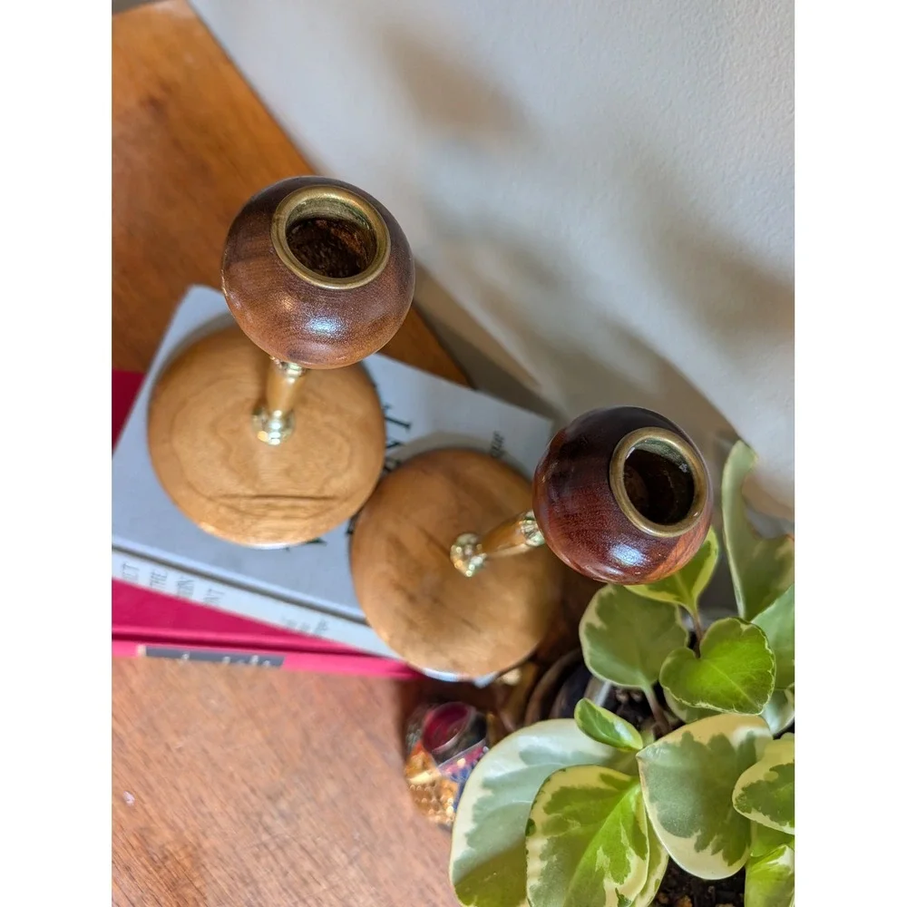 Vintage‎ Mid Century Modern Myrtlewood Candlestick Holders Pair Oregon Wood Gold